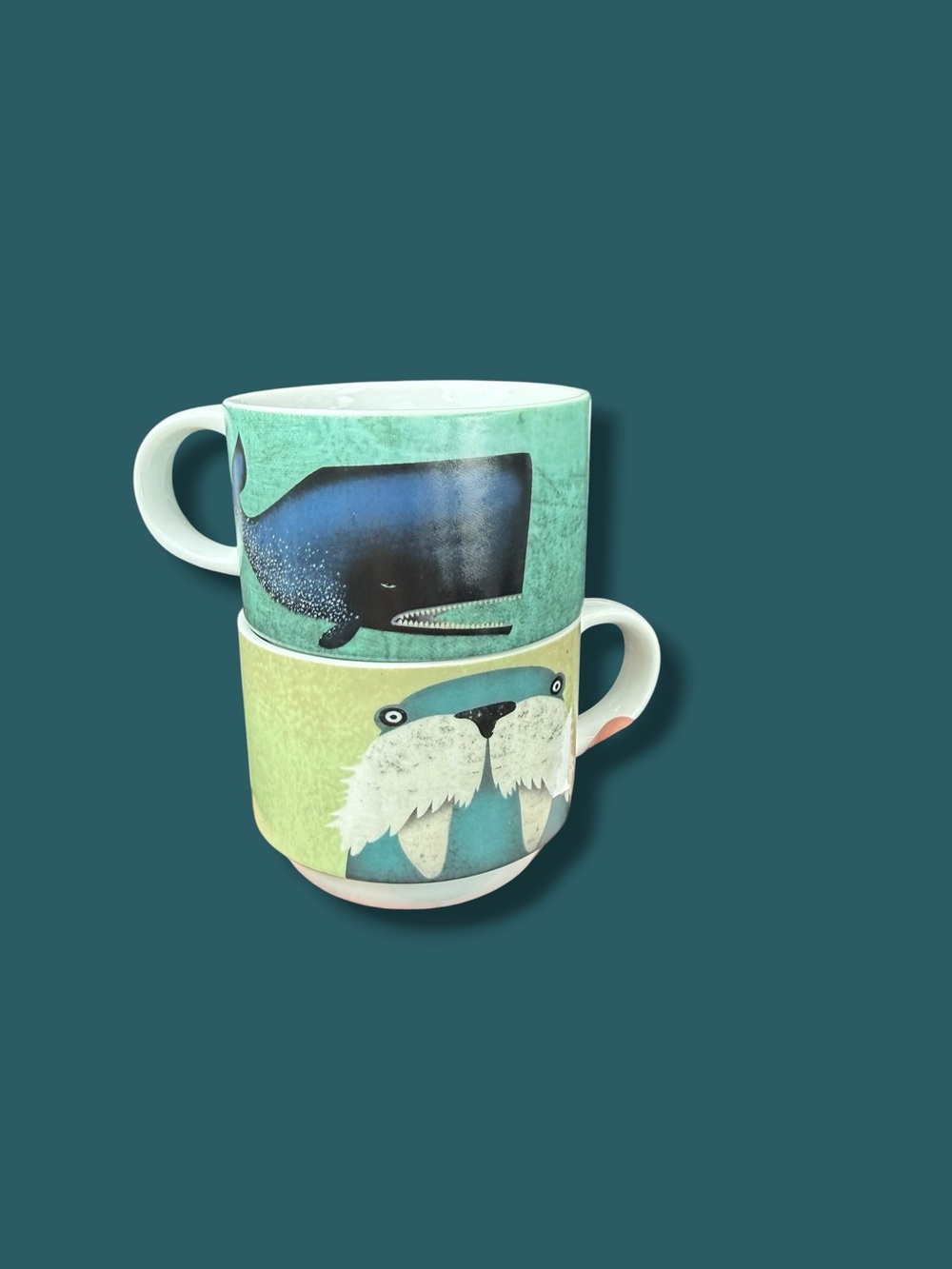 Pier 1 Stackable Sea Animal Ceramic Mugs - Teal & Light Green